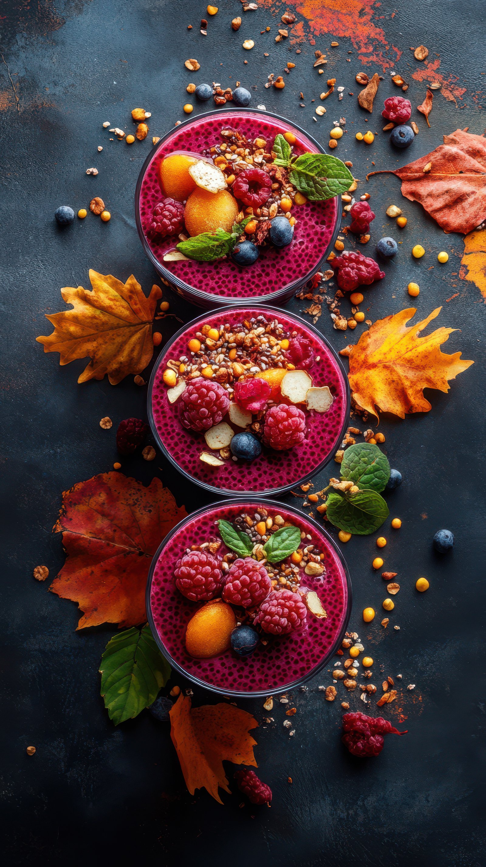 Delicious chia seed bowls with mixed berries and nuts arranged beautifully in autumn colors